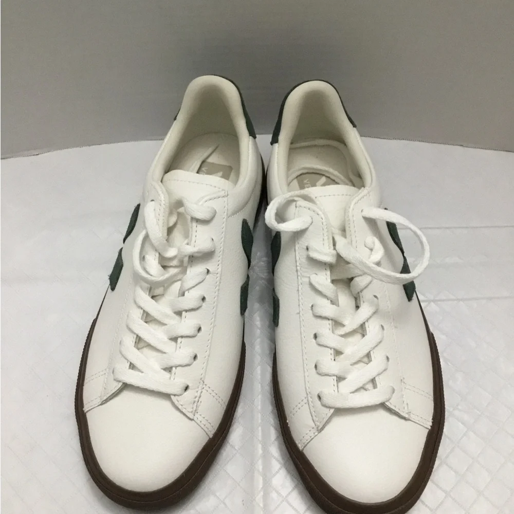Veja White Sneakers with Green V Logo and Brown Sole